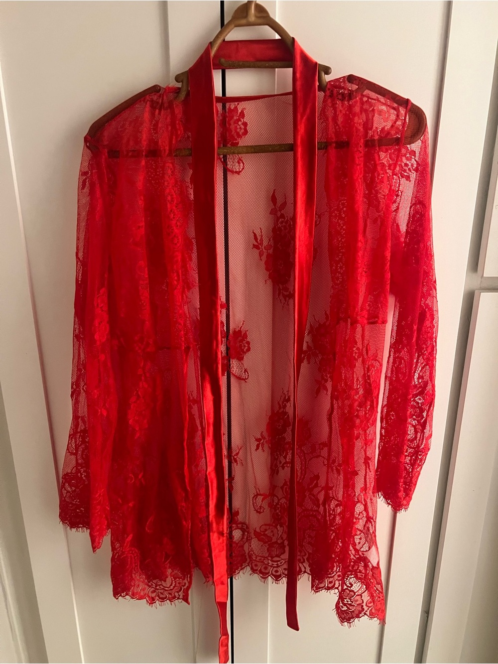 Red Lace Sheer Robe with Satin Trim